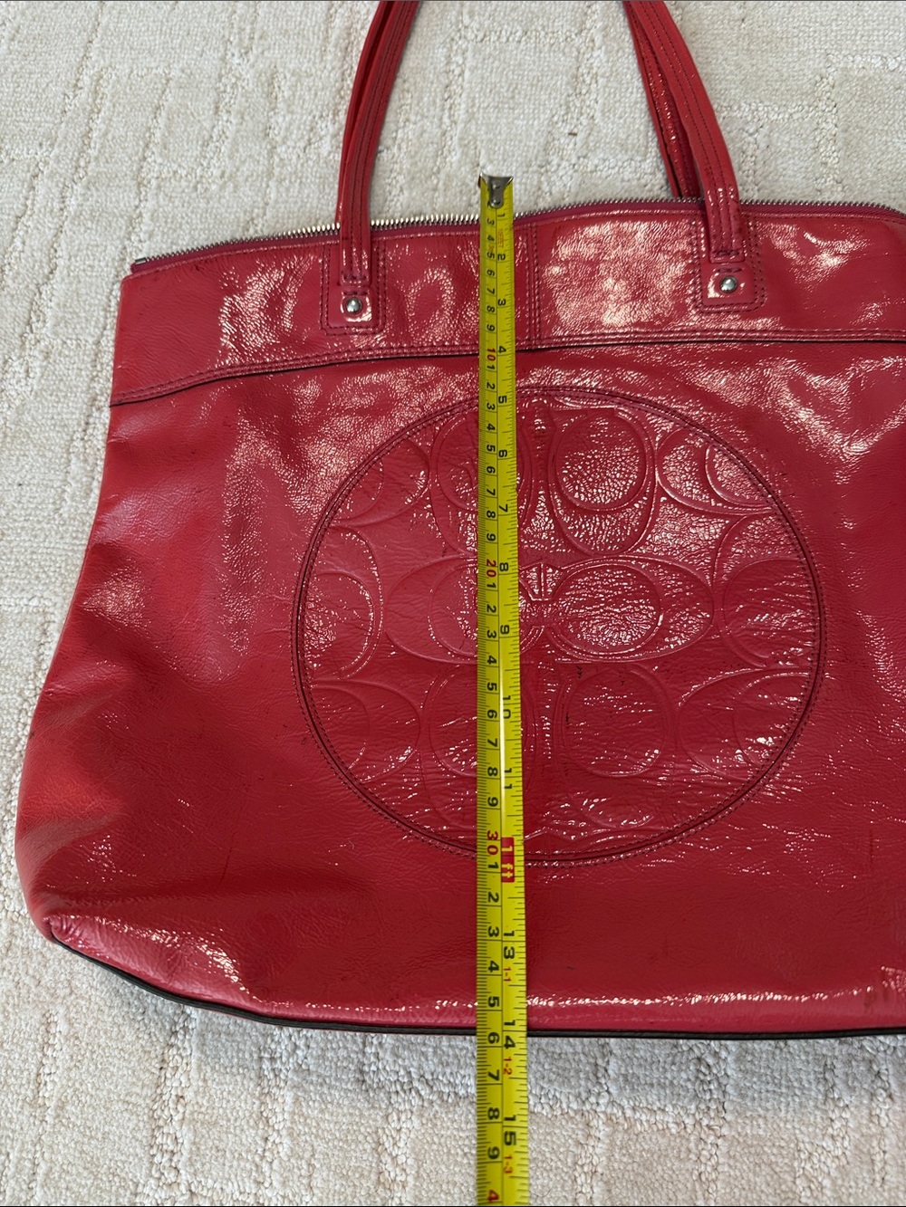 Coach Red Patent Leather Tote with Embossed Signature Circle - Picture 11 of 13